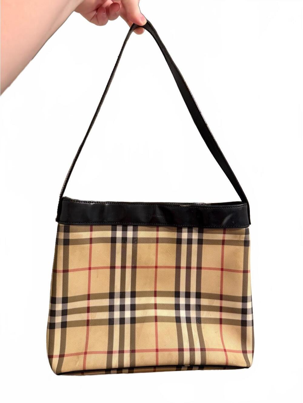 Vintage Burberry London Nova Check Shoulder Bag Black Leather Plaid